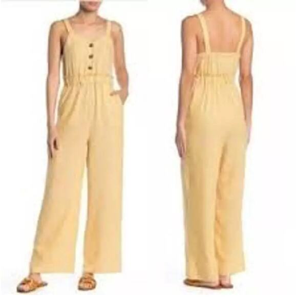Romeo + Juliet Couture Jumpsuit Yellow White Stripes Small Linen Blend Pockets - Picture 1 of 15